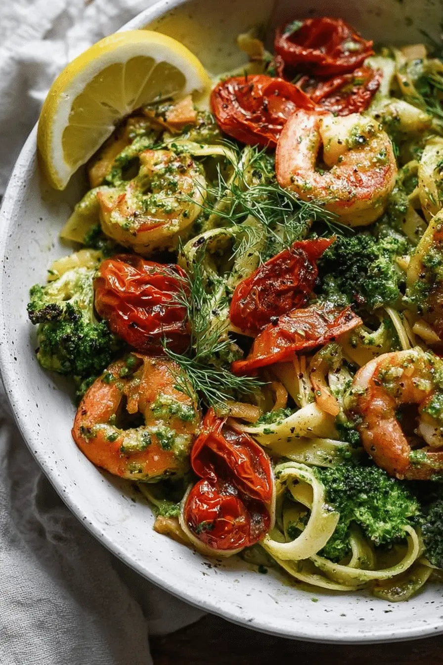 Delicious Shrimp Pasta with Dill Pesto and Garlic Roasted Tomatoes