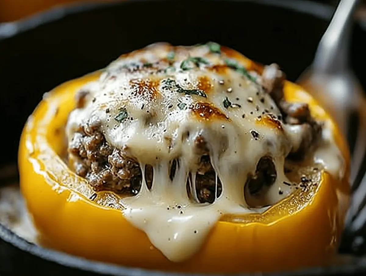 Stuffed Bell Peppers with Ground Beef and Gorgonzola Sauce