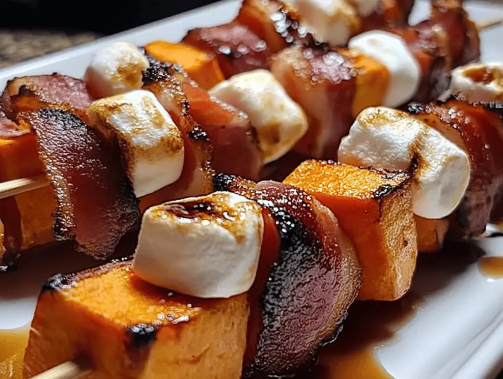 Candied Sweet Potato & Turkey Bacon Skewers