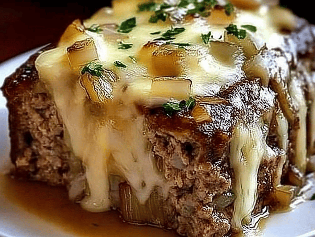 Crockpot French Onion Meatloaf with Melted Swiss Cheese