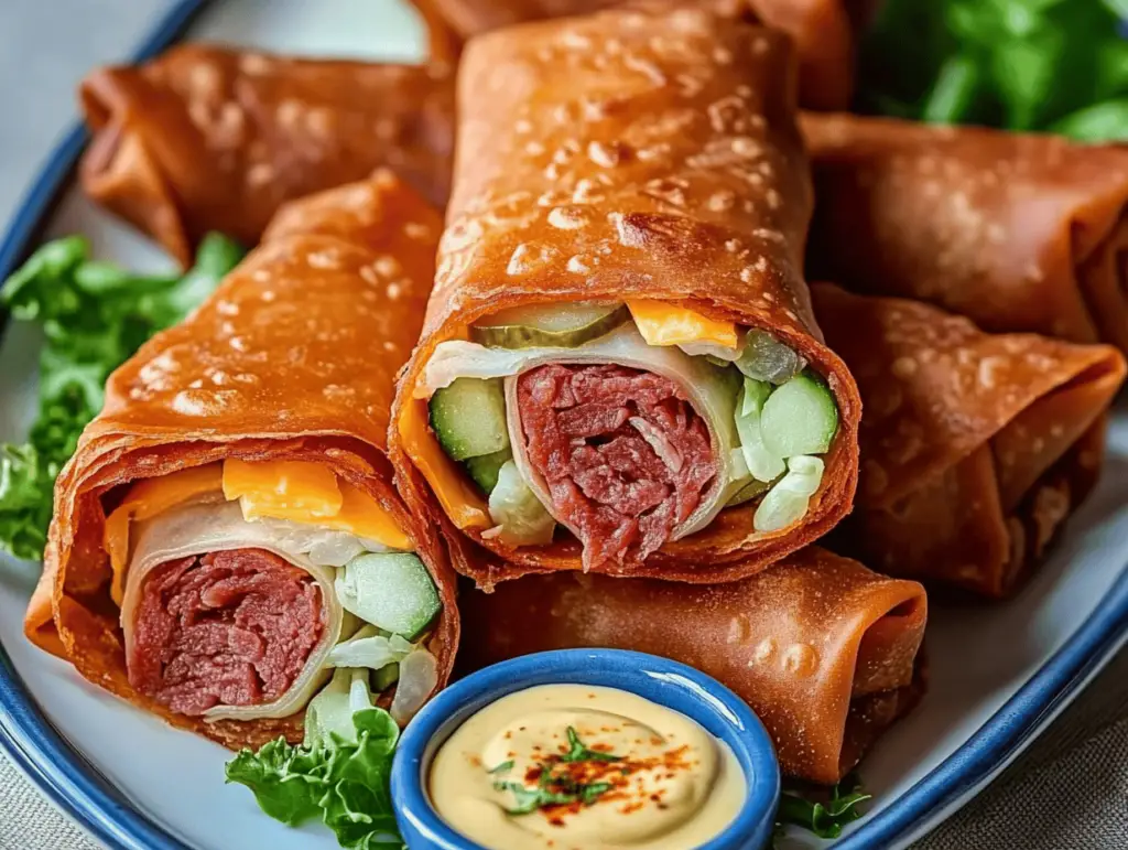 Golden-Brown Reuben Egg Rolls