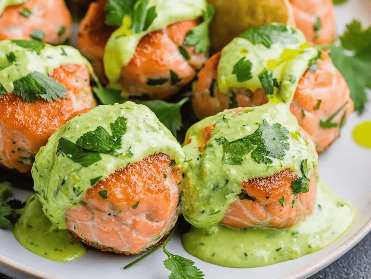 Golden Baked Salmon Meatballs with Creamy Avocado Sauce