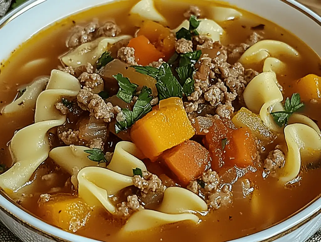 Hearty Hamburger Noodle Soup with Tomatoes and Parmesan