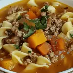 Hearty Hamburger Noodle Soup with Tomatoes and Parmesan