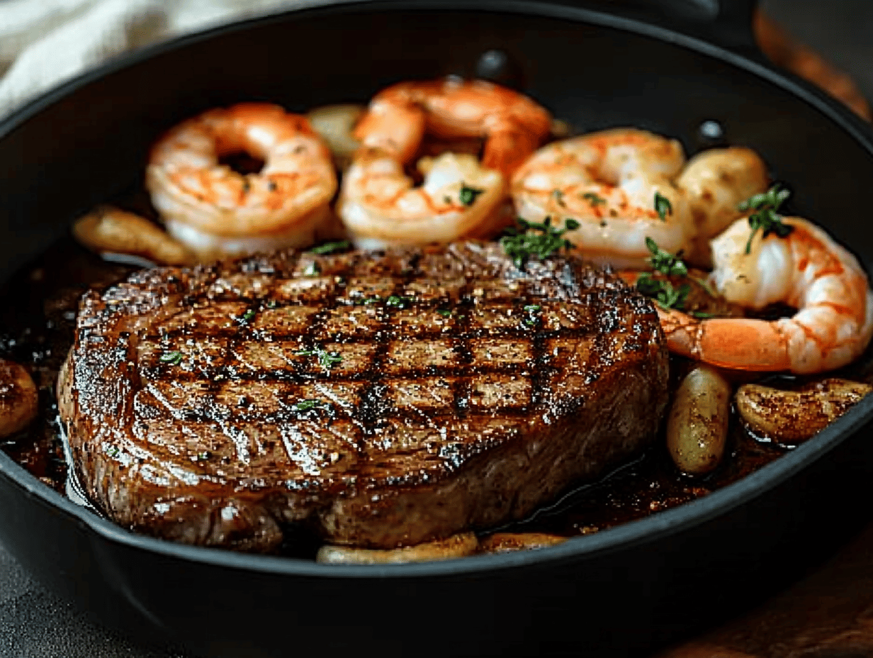 Luxurious Ribeye Steak & Shrimp Skillet Delight