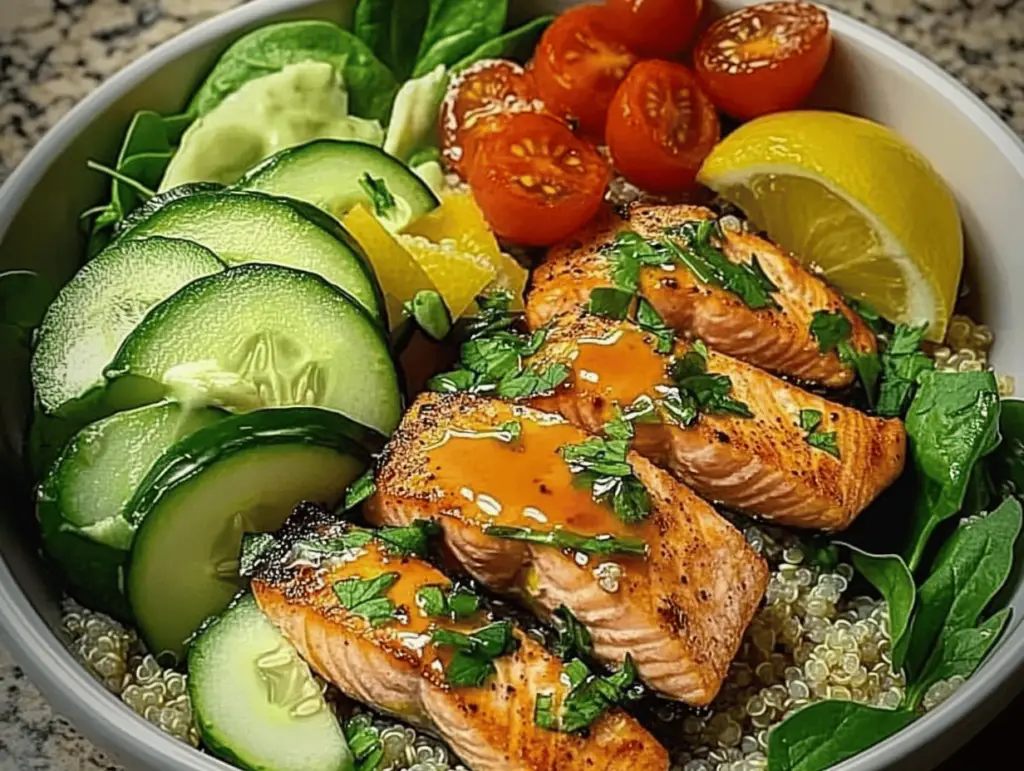 Lemon Herb Salmon and Avocado Quinoa Bowl