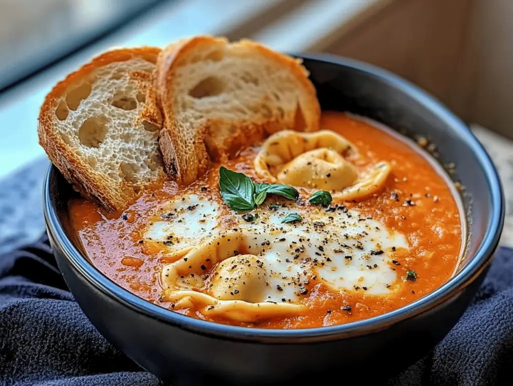 Slow Cooker Tomato Tortellini Soup with Cheddar Toast Bites