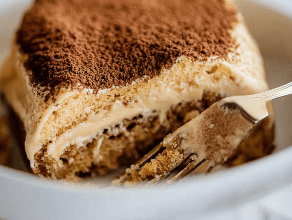Delicious dulce de leche tiramisu slice with cocoa powder and fresh berries, highlighting layers of creamy filling and coffee-soaked ladyfingers.