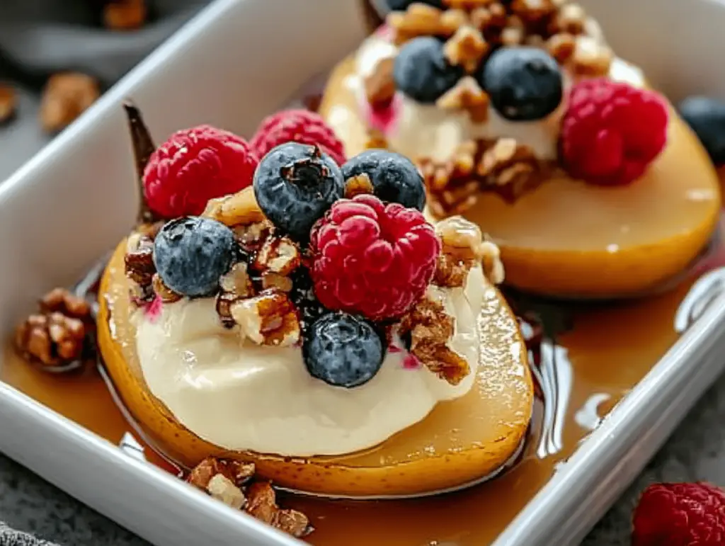 Delicious Baked Pears with Berries, Honey, Walnuts & Blue Cheese