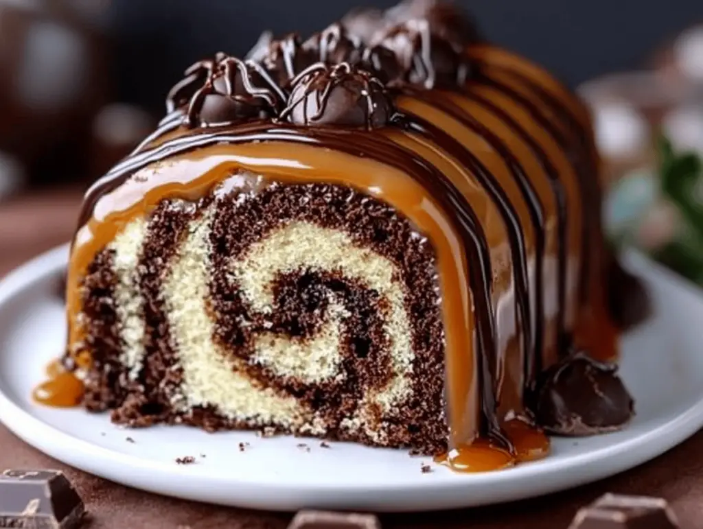 Gooey Chocolate Caramel Turtle Cake Roll