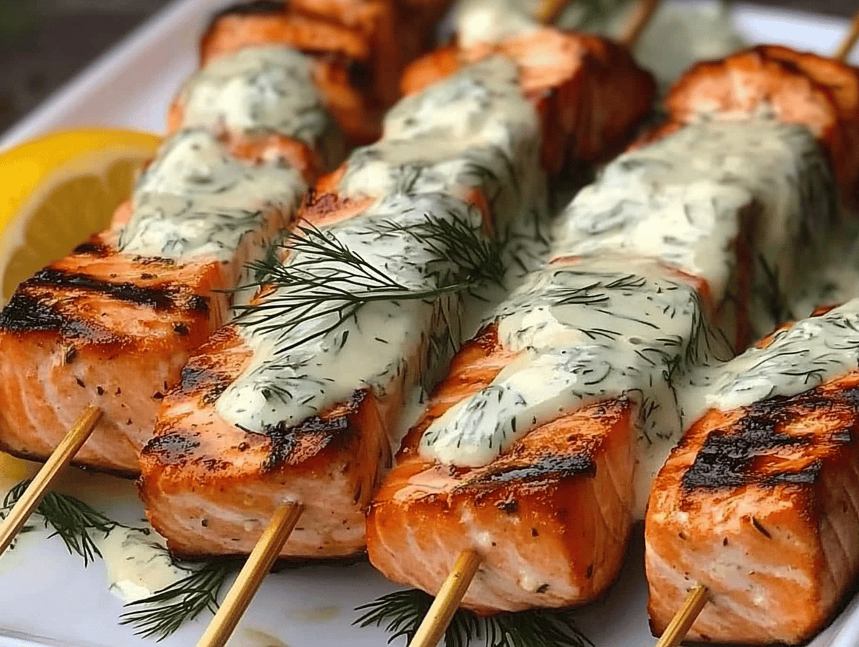 Grilled Salmon Skewers with Creamy Dill Sauce