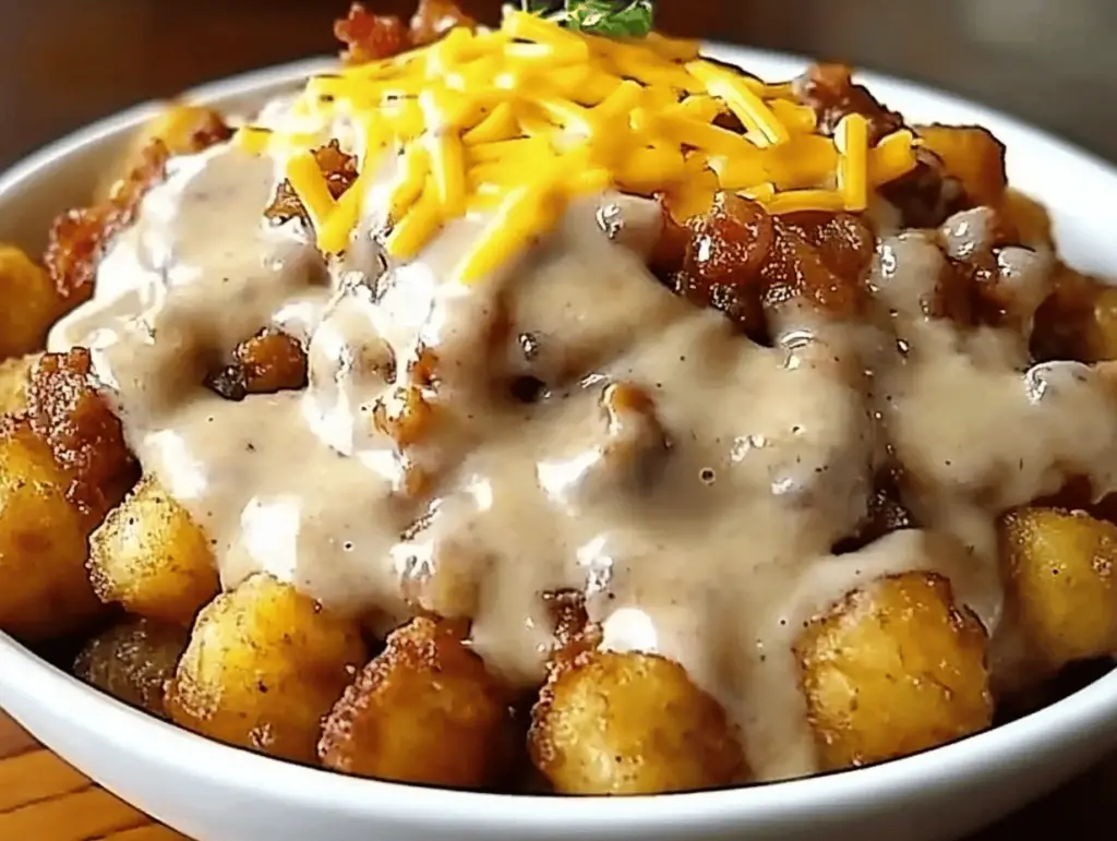 Tater Tot Breakfast Bowl with Turkey Bacon Gravy