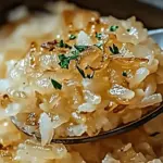 Creamy French onion butter rice served in a bowl with melted cheese and herbs, perfect side dish for comfort meals.