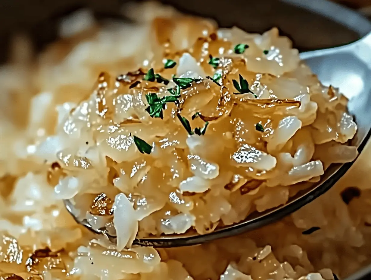 Creamy French onion butter rice served in a bowl with melted cheese and herbs, perfect side dish for comfort meals.