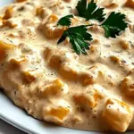 Delicious creamy smothered chicken and rice in a bowl, garnished with fresh parsley, perfect for a comforting family dinner.