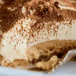 Delicious dulce de leche tiramisu slice with cocoa powder and fresh berries, highlighting layers of creamy filling and coffee-soaked ladyfingers.