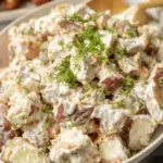 Creamy steakhouse potato salad with bacon and chives in a bowl, ideal side dish for summer barbecues.