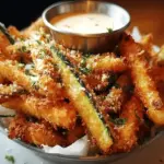 Crispy parmesan zucchini fries on a plate with marinara sauce, healthy baked snack.
