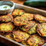 Crispy healthy zucchini fritters served with yogurt dip and garnished with fresh herbs, perfect for kids and gluten-free diets.