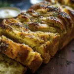 Sliced dill pickle bread on a wooden board with fresh dill and pickles, perfect for summer picnics.