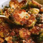 Delicious garlic parmesan roasted Brussels sprouts on a plate, garnished with fresh parsley, perfect side dish for healthy meals.