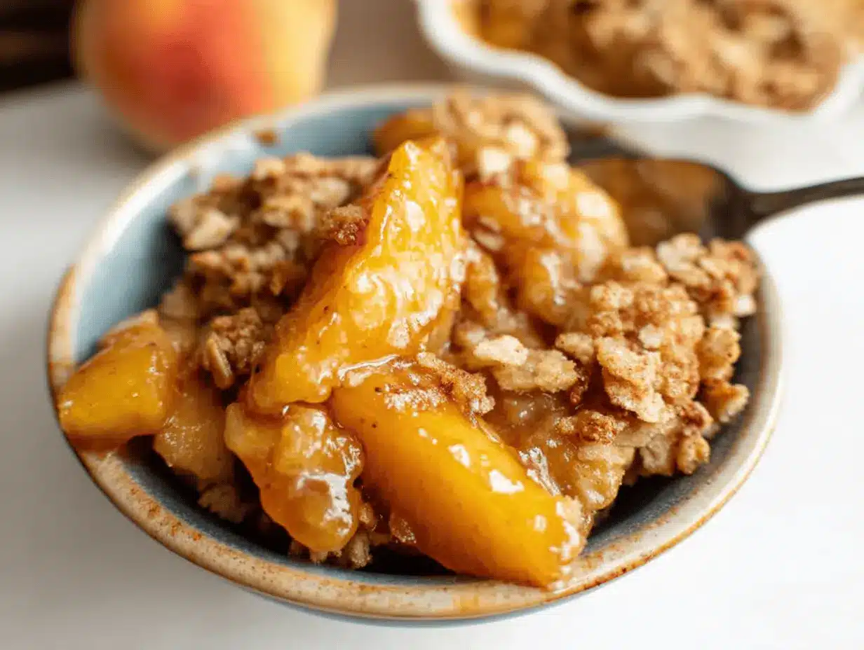 Delicious homemade fresh peach cobbler served warm with vanilla ice cream and fresh peaches, perfect summer dessert.