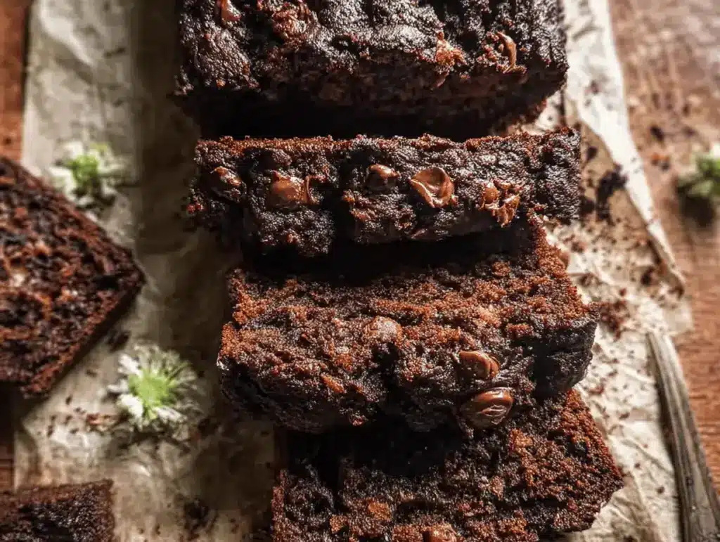 Deliciously moist double chocolate chip zucchini bread slice on a wooden table, garnished with chocolate chips and powdered sugar.
