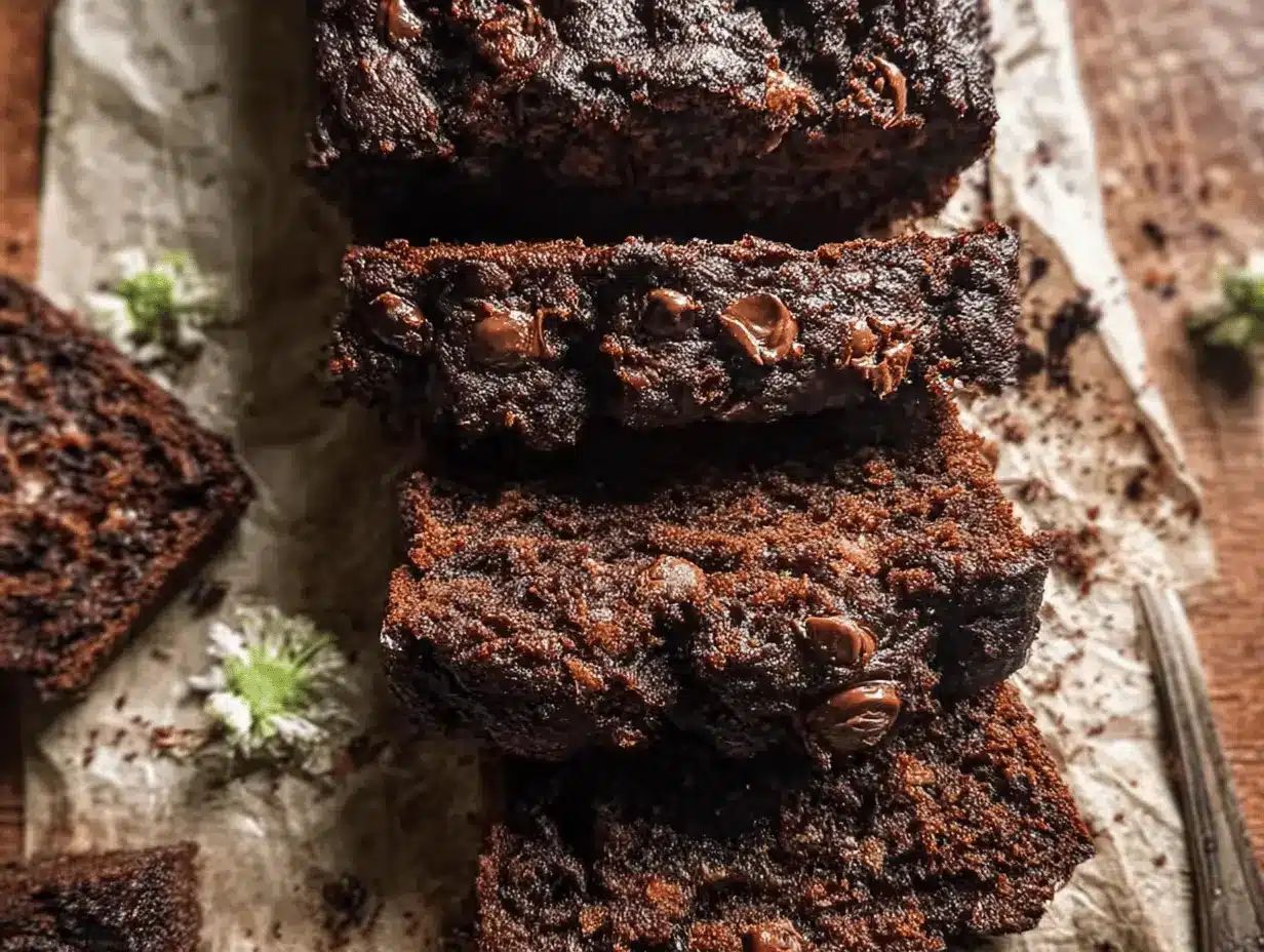 Deliciously moist double chocolate chip zucchini bread slice on a wooden table, garnished with chocolate chips and powdered sugar.
