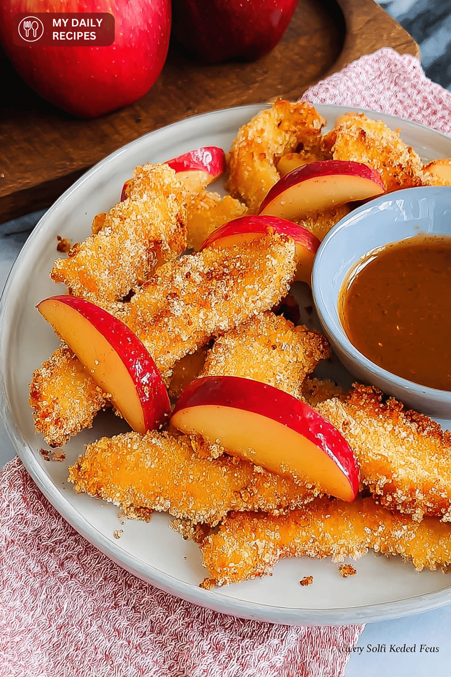 Delicious air fryer apple fries served with a sprinkle of cinnamon on a plate