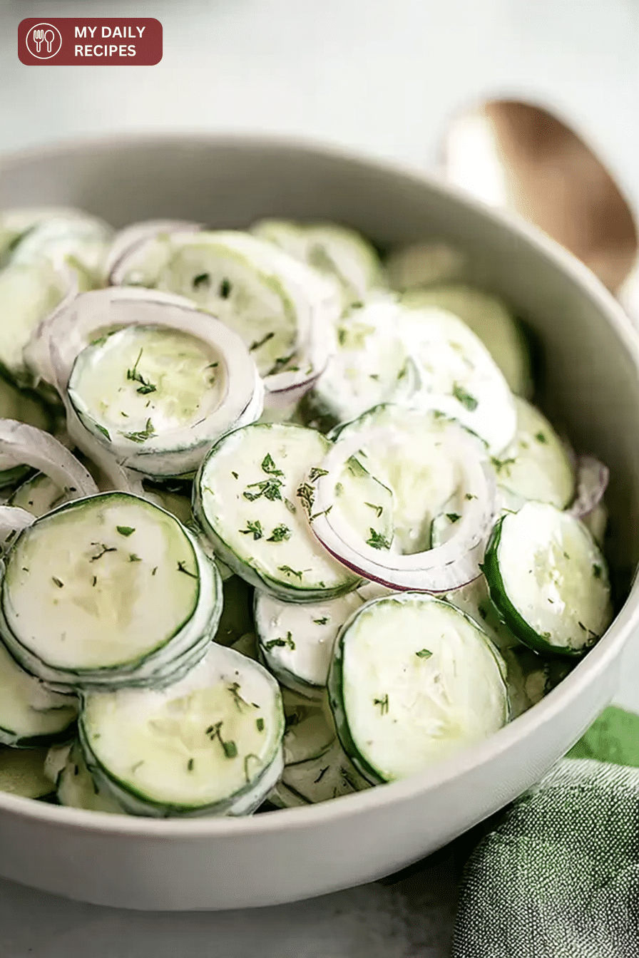 Creamy cucumber salad with red onions and herbs in a rustic bowl.