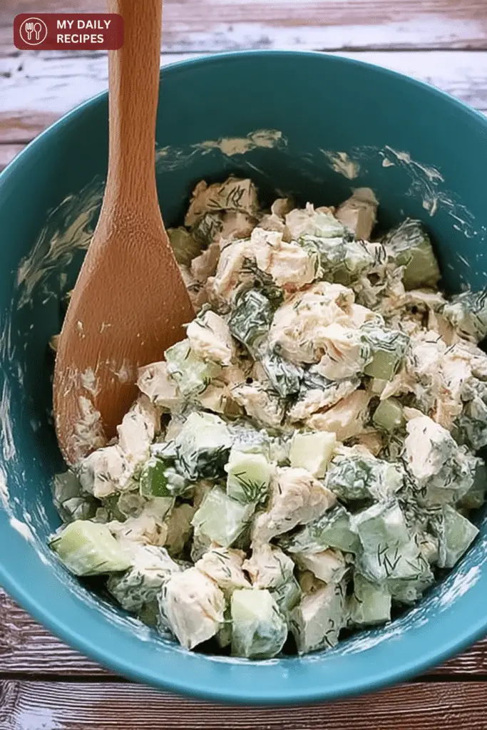 Delicious cucumber dill chicken salad with rotisserie chicken and fresh vegetables in a bowl