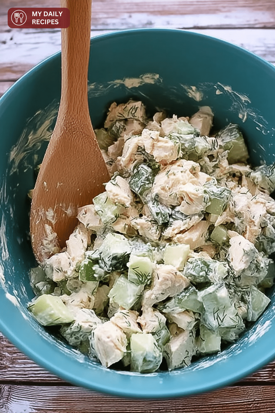 Delicious cucumber dill chicken salad with rotisserie chicken and fresh vegetables in a bowl