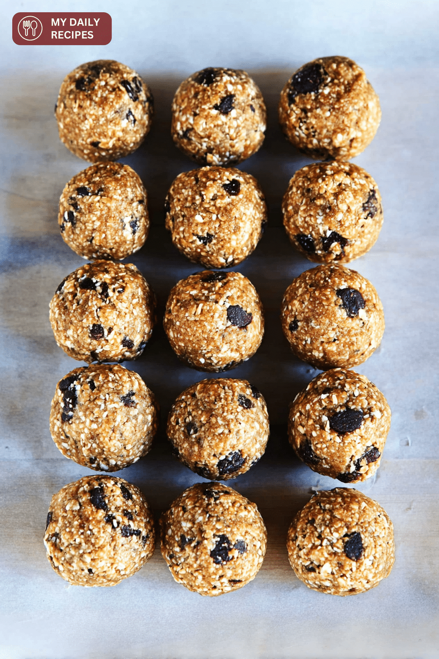 Close-up of healthy no-bake protein balls on a plate, surrounded by oats and chocolate chips, perfect for a nutritious snack or breakfast.