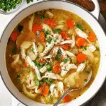 Delicious chicken soup in a bowl, garnished with fresh parsley, with carrots and herbs in the background.