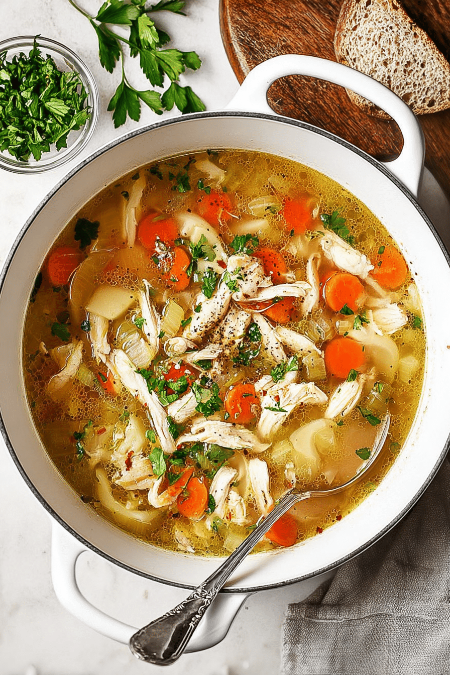 Delicious chicken soup in a bowl, garnished with fresh parsley, with carrots and herbs in the background.