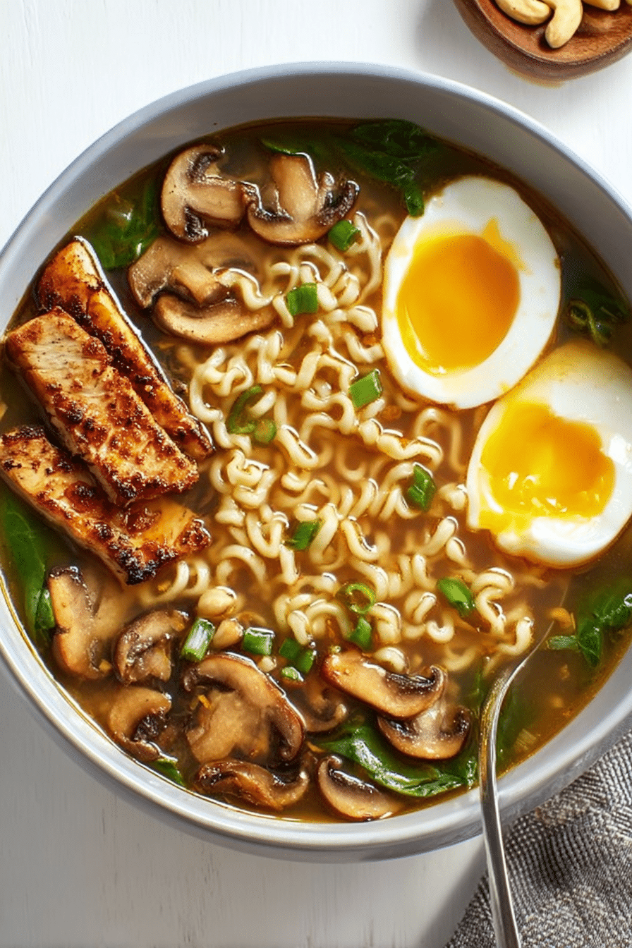 Delicious homemade ramen in a bowl with chicken, soft boiled egg, and green onions.