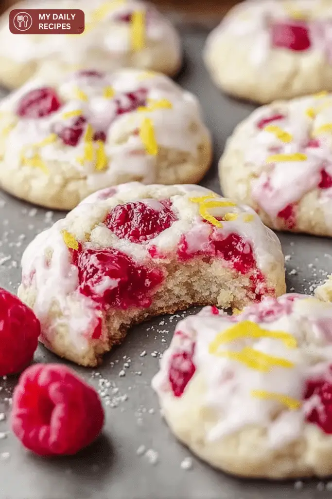 Deliciously easy lemon raspberry cookies on a plate with fresh raspberries and lemon slices.