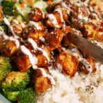 Close up of sticky chicken bowl with sesame seeds, green onions, tender chicken, and broccoli on rice.