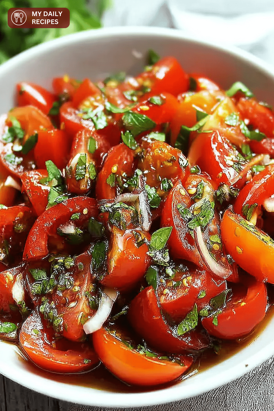 Vibrant Lebanese tomato salad with fresh ingredients including tomatoes, red bell pepper, and herbs.