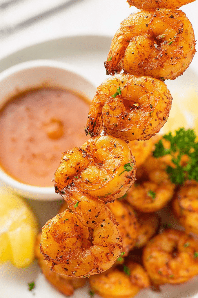 Close-up of perfectly cooked air fryer shrimp garnished with parsley and lemon wedges.