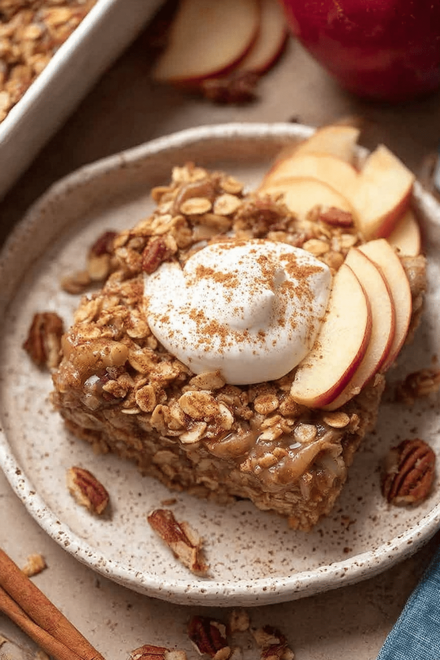 Delicious apple pie baked oatmeal served in a bowl with apples and pecans, perfect for a fall breakfast.