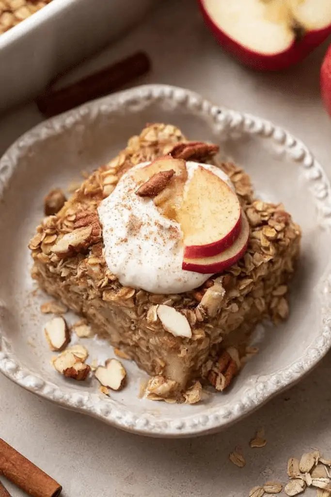 Warm apple pie baked oatmeal with diced apples and pecans in a rustic bowl, ideal for fall breakfasts.