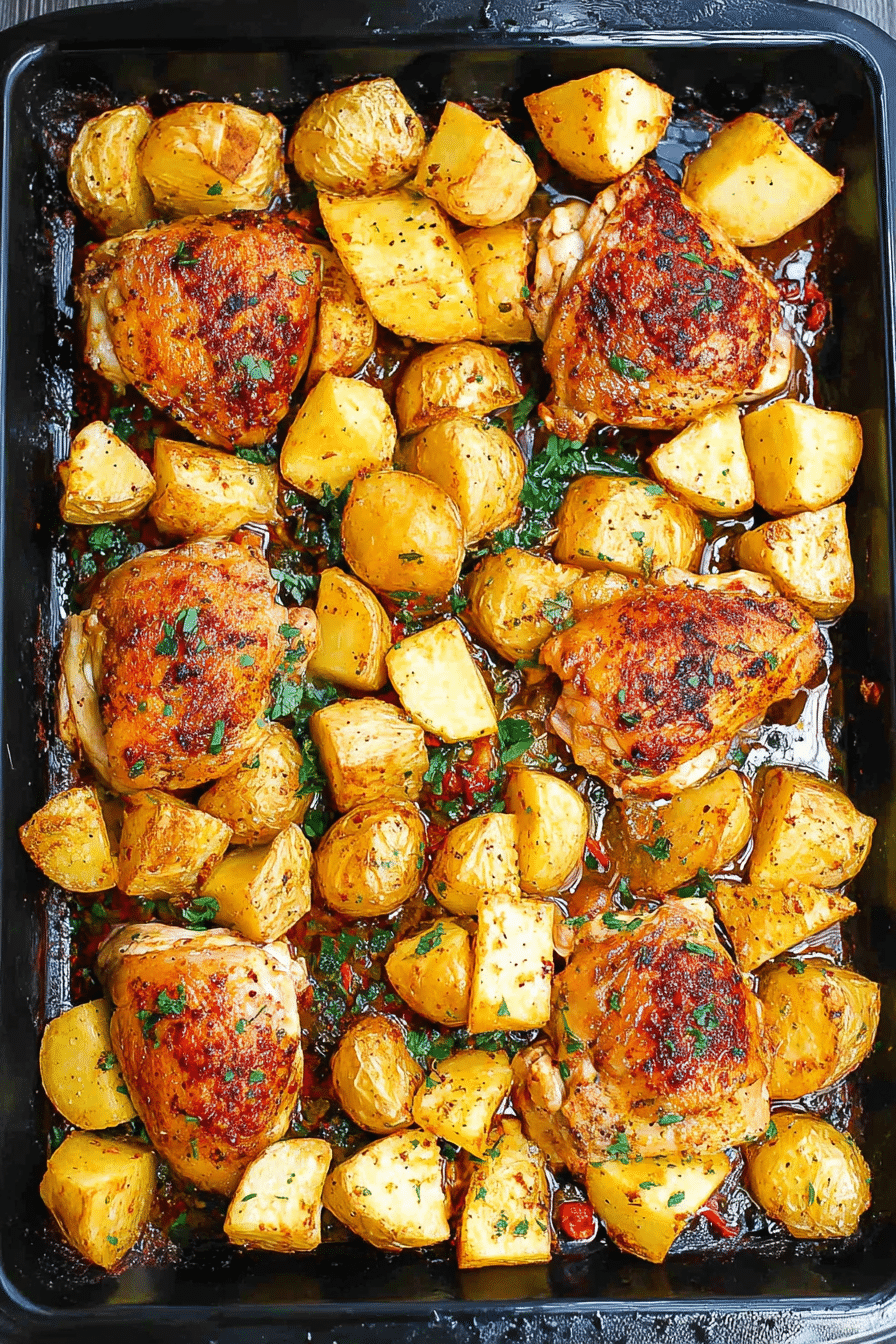 Close-up of baked chicken thighs and roasted potatoes garnished with herbs on a wooden table.