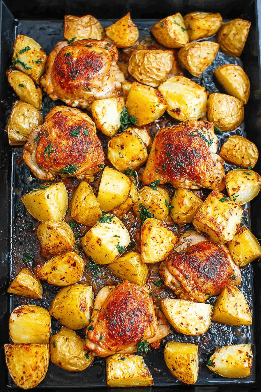 Delicious baked chicken thighs garnished with herbs and roasted potatoes on a white plate