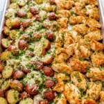 Close-up of baked garlic parmesan chicken and roasted red potatoes, garnished with parsley.