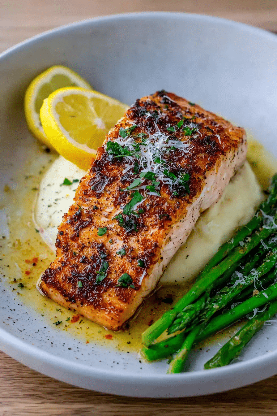 Plated baked lemon garlic butter salmon with fresh parsley and lemon slices on a white plate.