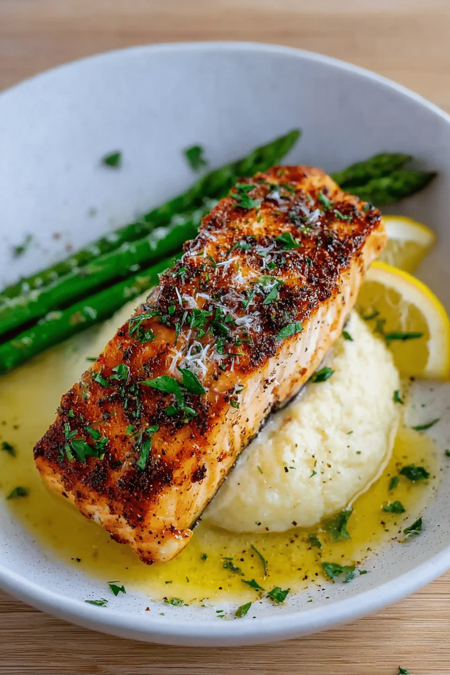Baked lemon garlic butter salmon served with mashed potatoes and steamed greens, garnished with lemon slices and parsley.