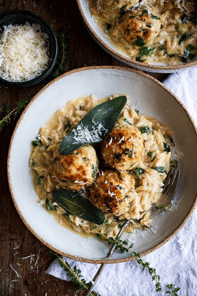 Baked sage chicken meatballs on creamy parmesan orzo with crispy sage garnish.