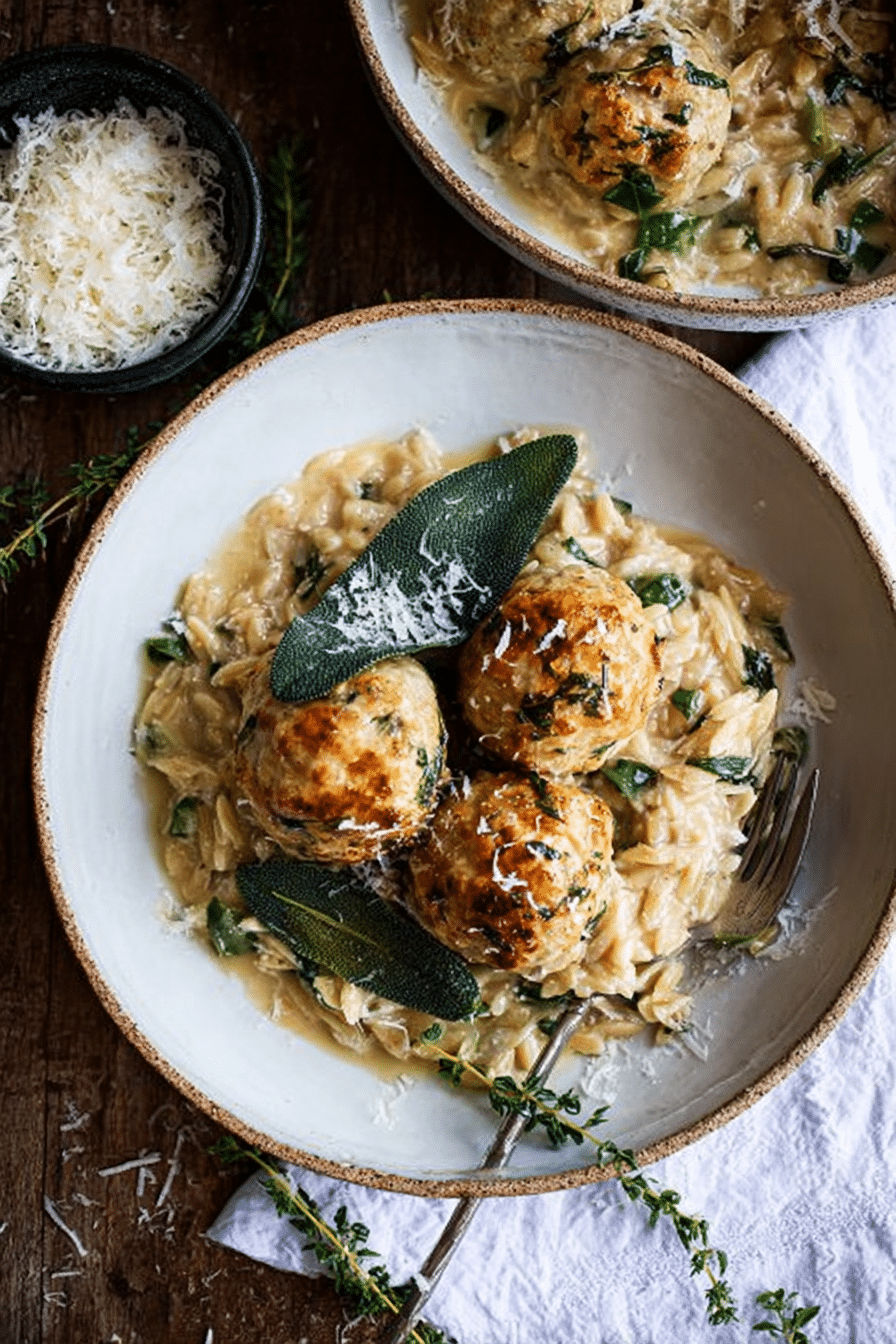 Baked sage chicken meatballs on creamy parmesan orzo with crispy sage garnish.