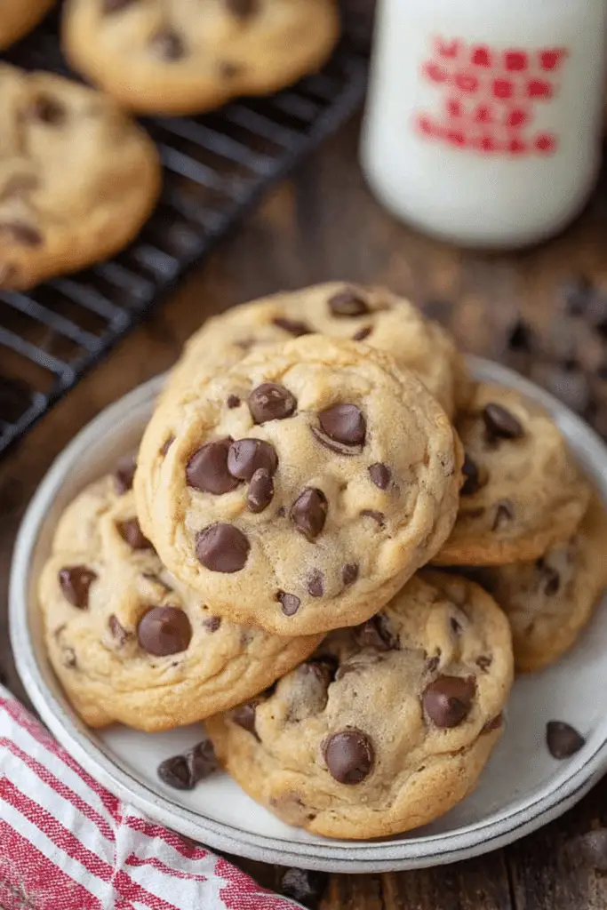 Freshly baked bakery style chocolate chip cookies stacked on a white plate with chocolate chips scattered around them.